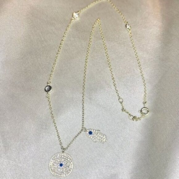 925‎ Sterling Silver Evil Eye Hamsa Hand Pendant Chain Necklace 18 Inch - Picture 1 of 9